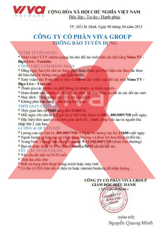 Cảnh báo lừa đảo: Giả mạo Viva Group lừa gạt ứng viên 2 3